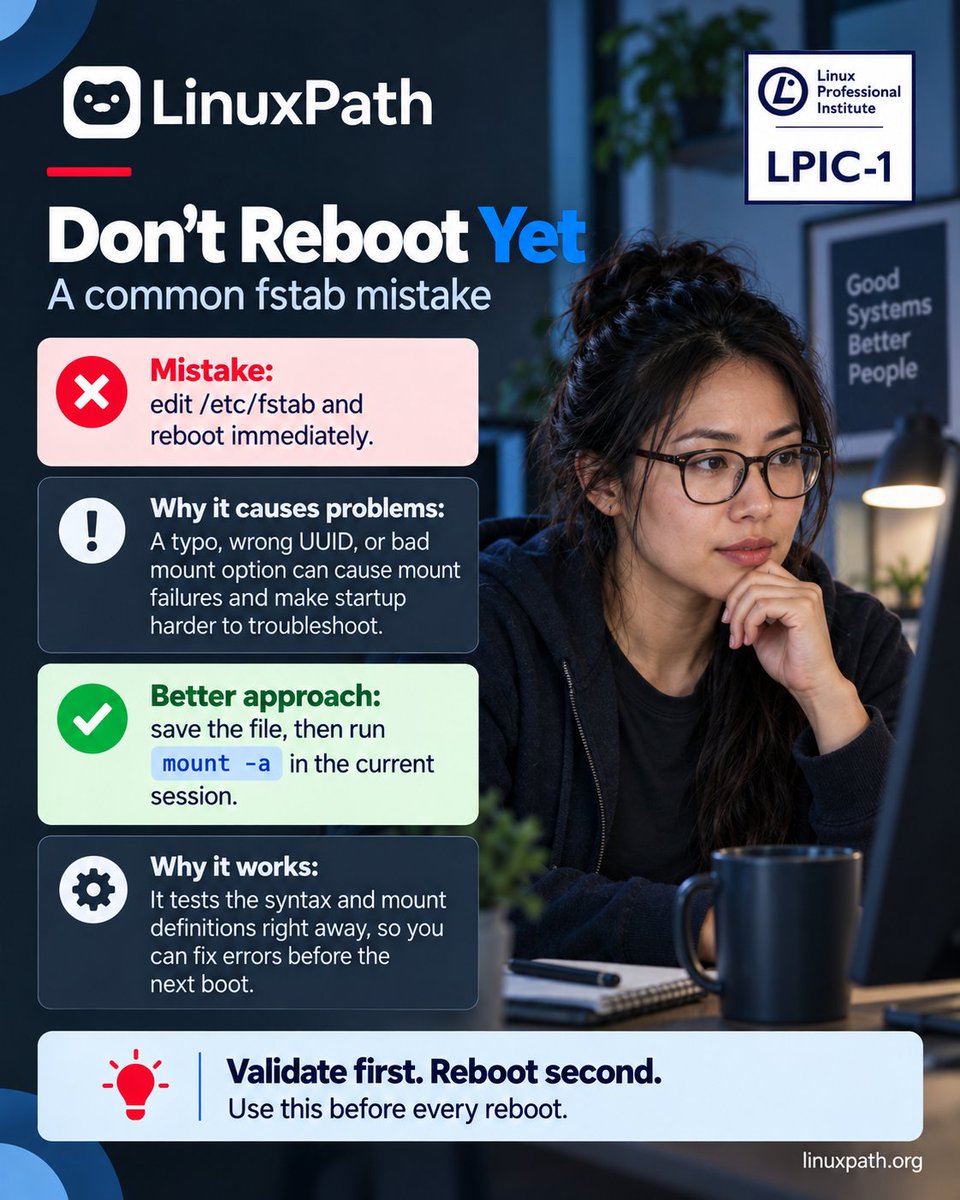 LinuxPath's tweet photo. 🚨 Linux tip: Don't reboot immediately after editing /etc/fstab.

A wrong UUID or mount option can cause startup problems.

✅ findmnt --verify
✅ mount -a when appropriate
✅ Review errors before rebooting
Validate first. Reboot second.
#Linux #LPIC1 #SysAdmin https://t.co/KqpoKn9NzN