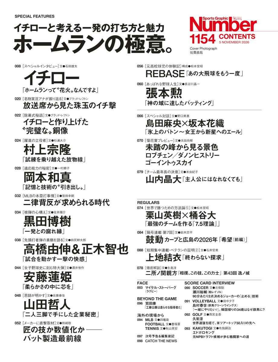 bunshun_zasshi's tweet photo. 【10月22日発売（首都圏基準）】 

 #イチロー さん表紙の 『Number』1154号特集は  

”ホームランの極意。”  

巻頭ではイチローさんのロングインタビューを掲載！

「野球の華」ともいわれるホームランについて
イチローさんはどんな思想をお持ちなのか――
お見逃しなく👀

#Number最新号 https://t.co/NO1Wp2tY0l