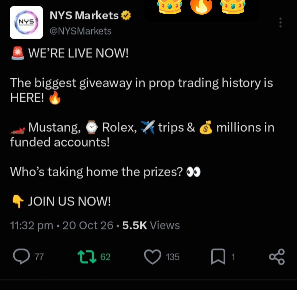 SxausdNarzary's tweet photo. @NYSMarkets Massive Giveaway π₯π₯π₯π₯ $2,000,000 New One Rule #nys Challenges are here! Don't miss out! Join now!π₯ππ₯
π₯ππ₯If you're a trader looking for an opportunity, this is something you should definitely check outπ₯ππ₯ #nysonerule #nysfamily #nysmarkets #nysmustang https://t.co/oQJba1U1oq