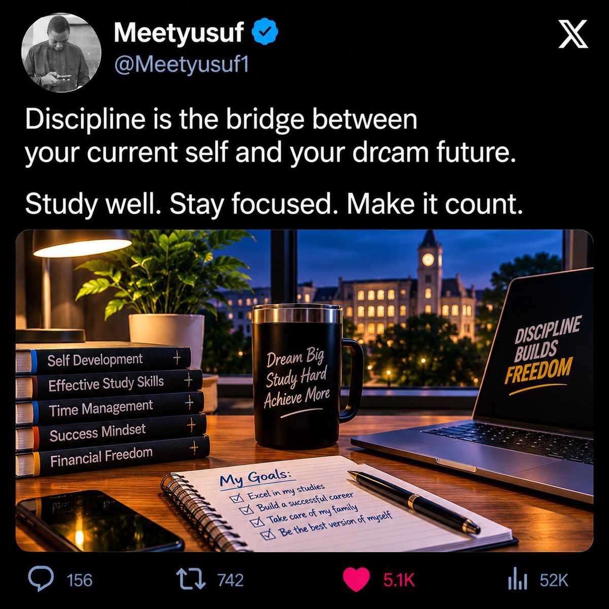 Meetyusuf1's tweet photo. Every great achievement starts with discipline and consistency.
Keep learning, keep improving, and keep working toward the future you want.
#StudentLife #SelfImprovement #campus #UniversityChallenge #Motivation #QuoteOfTheDay https://t.co/7iCJal2CtN