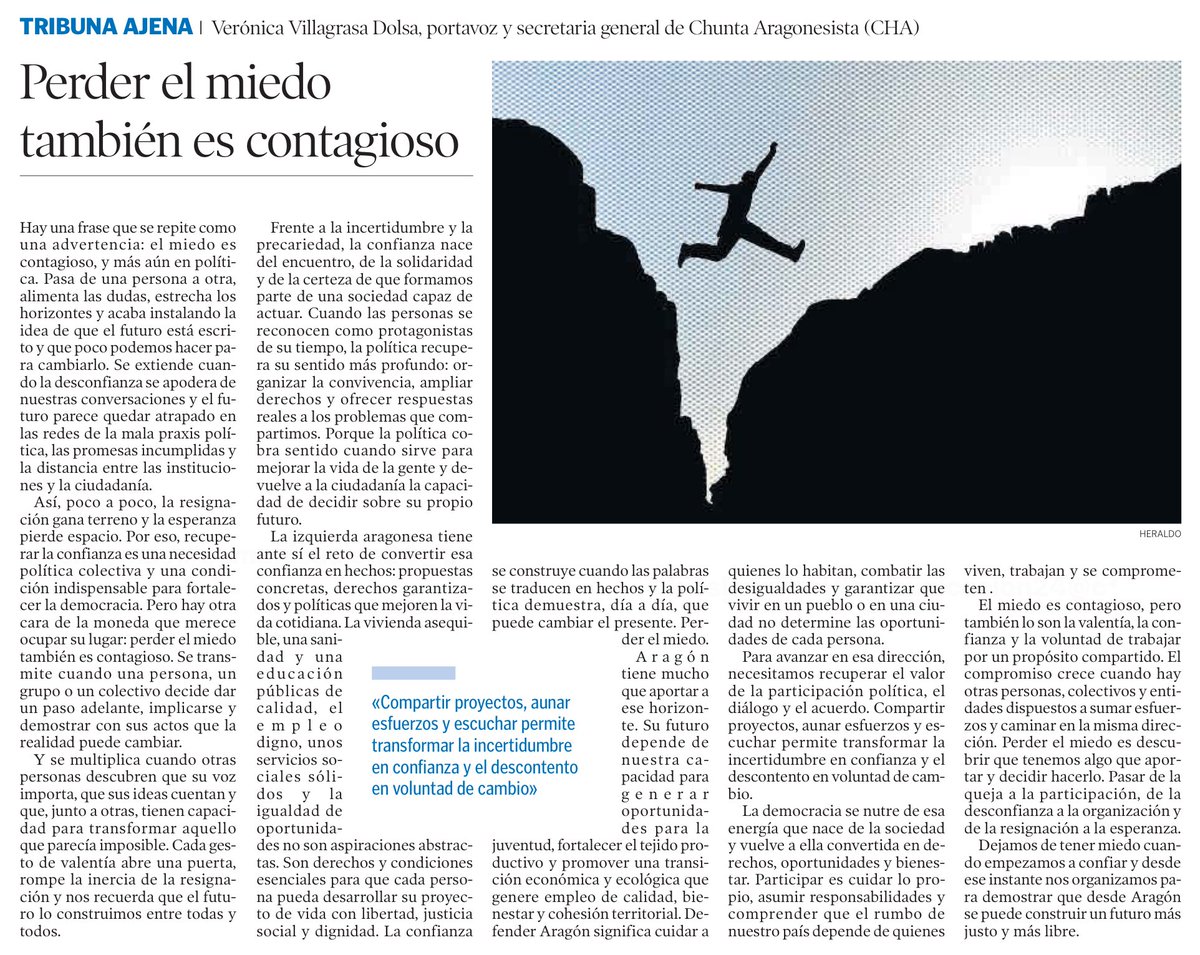 chunta's tweet photo. 📰 @heraldoes
✍️ @Moronyka

🔴 Perder el miedo también es contagioso

"La izquierda aragonesa tiene ante sí el reto de convertir esa confianza en hechos: propuestas concretas, derechos garantizados y políticas que mejoren la vida cotidiana"