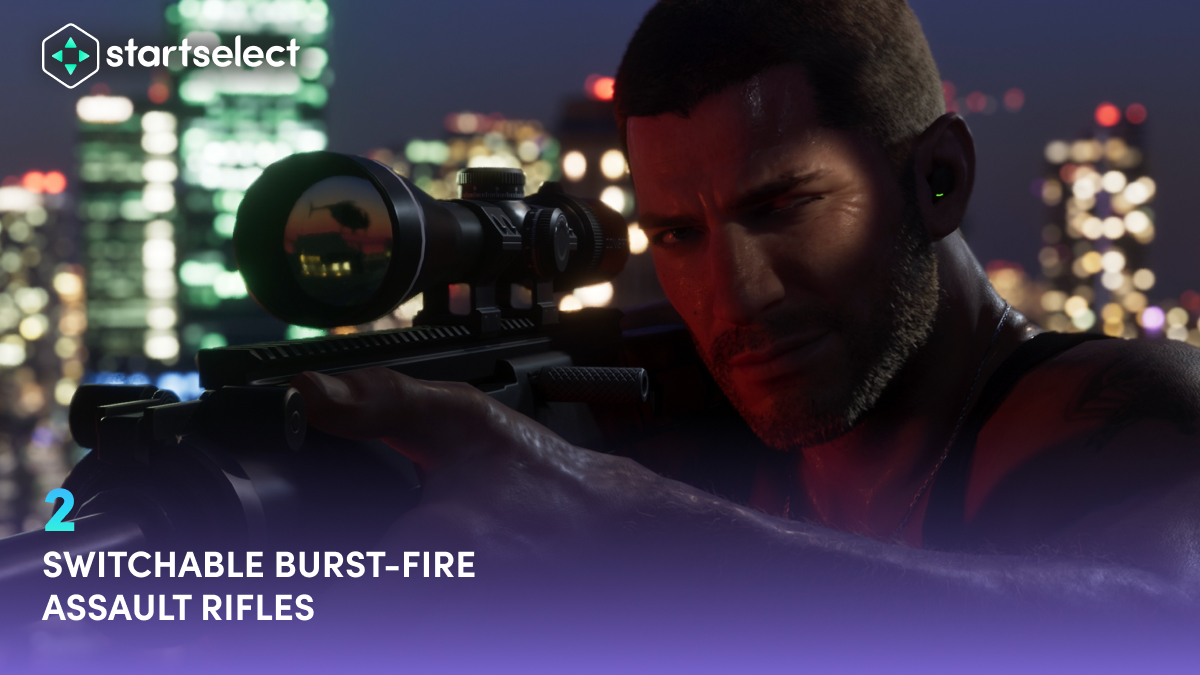 Startselect_com's tweet photo. This easter egg is only for the fans who paid attention. While Jason is running away from a helicopter crash, he makes some changes to the rifle he is holding. The animation points toward what seems like a burst-fire switch, a gunplay option GTA has never offered before. https://t.co/QFIGq1HYgj