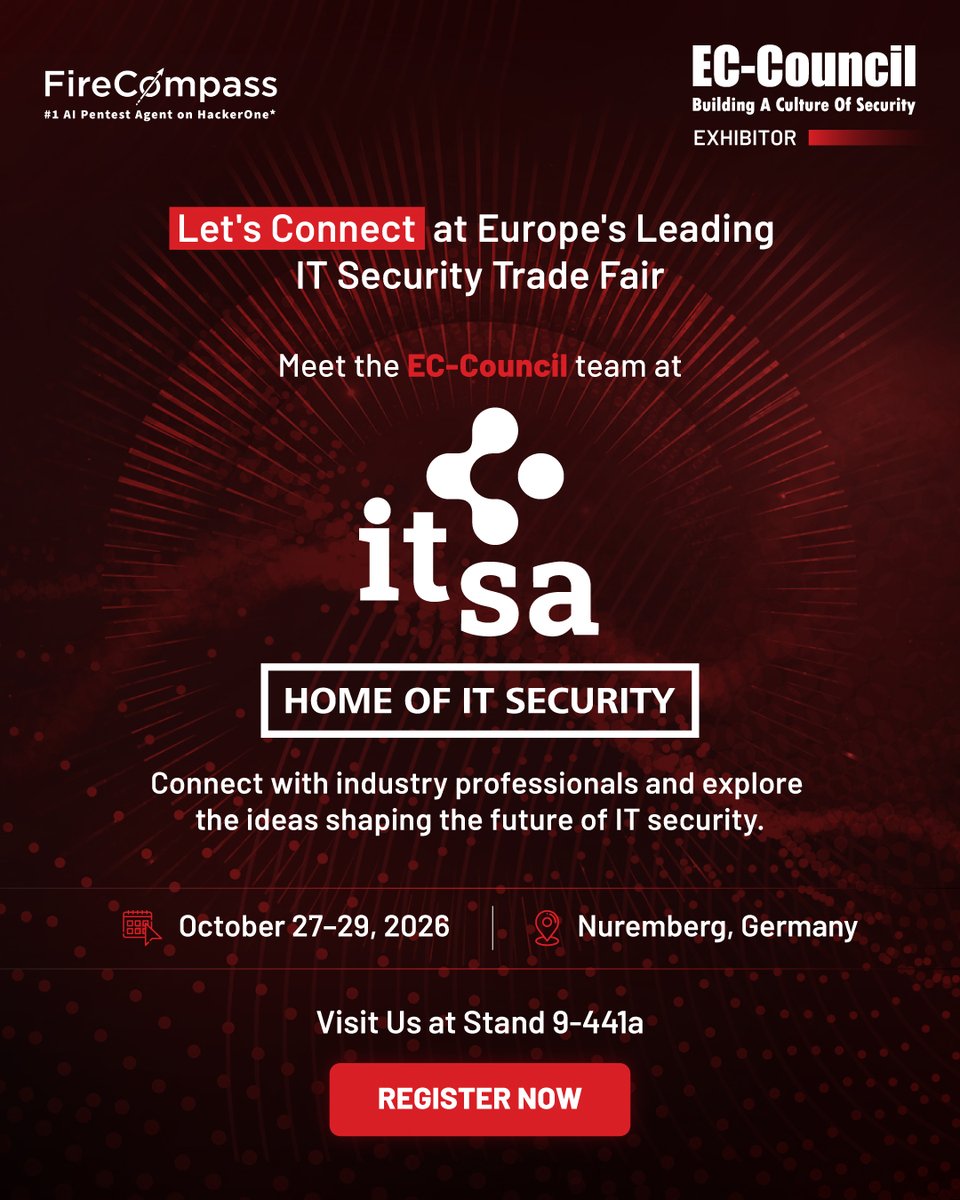 FireCompass's tweet photo. @FireCompass  &amp; @ECCOUNCIL are heading to it-sa Expo&amp;Congress 2026 in Nuremberg! 

Stop by Stand 9-441a from Oct 27–29 to see our top-ranked AI pentesting agents live in action.

Book a 20-min slot: https://t.co/PtubCyRgke

#itsacon2026 #Cybersecurity #AIPentesting #Germany https://t.co/OA8E6md9TN