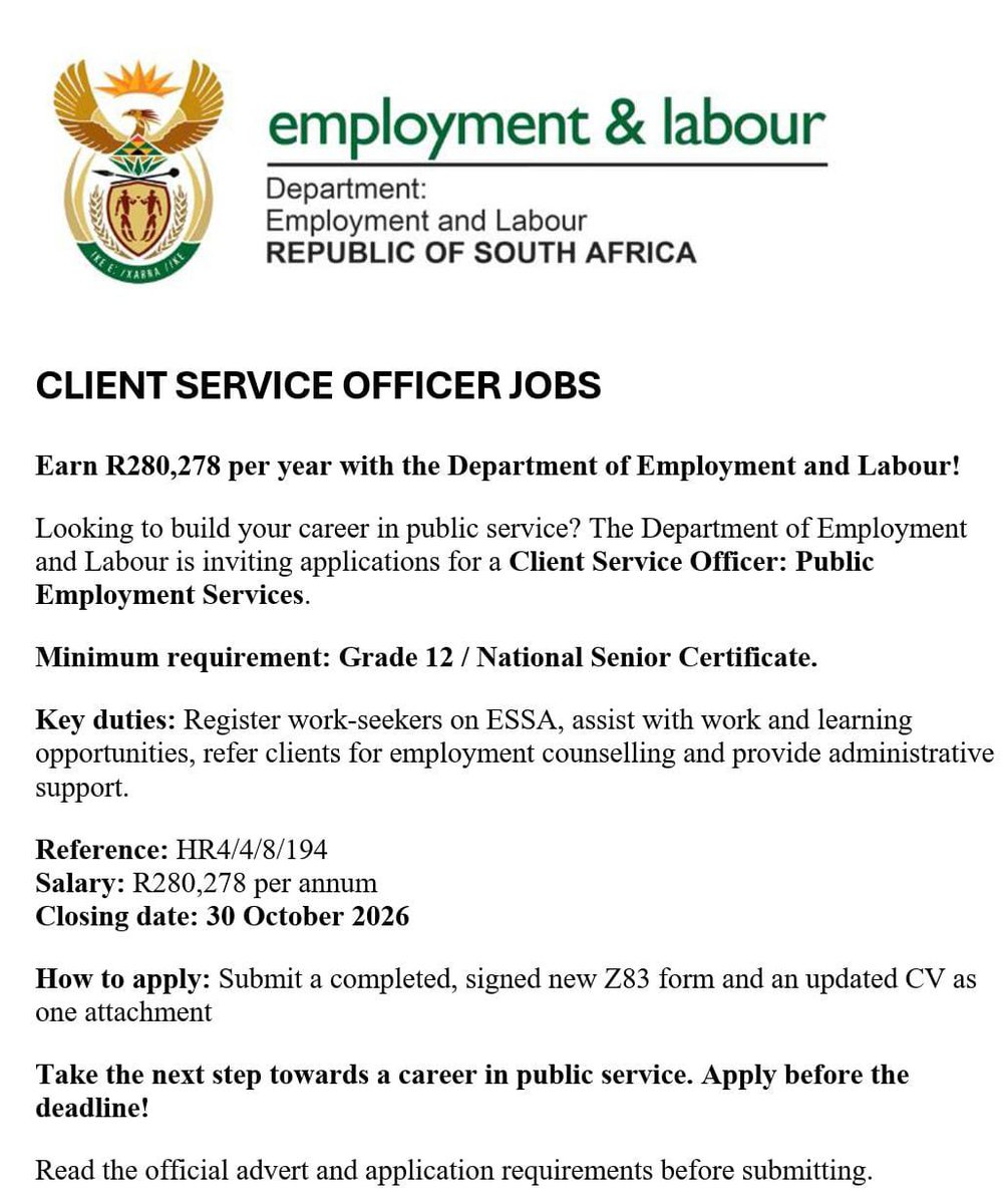 tumelo_br's tweet photo. 📌Department of Employment and Labour is  hiring!

✅Client Service Officers 

Requirements:
- Grade 12/ Matric only!
- Computer literate 
- Ability to work with people 

Closing Date: 
30 October 2026

Apply: https://t.co/KThASRkfFM https://t.co/7FNve7LKSq