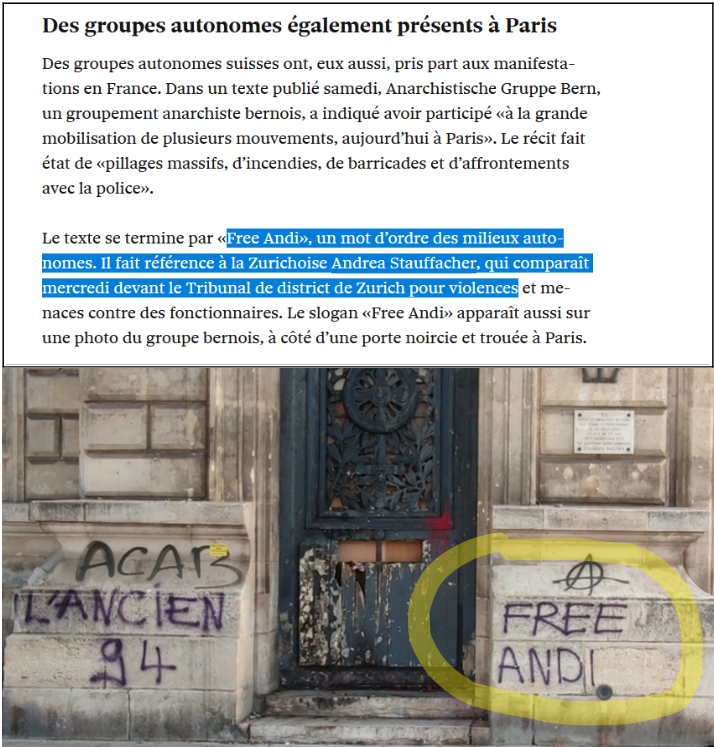 JCQDSE's tweet photo. L'attaque contre la caserne Vérines, où vivent 120 familles de militaires de la Garde républicaine, paraît avoir été menée avec le concours d'autonomes venus de Zurich.  

(Source : 24 heures, Lausanne - Photo de la porte : @petitartmateur) 

https://t.co/lZQLjJrNxx https://t.co/7zb5mE7fk4