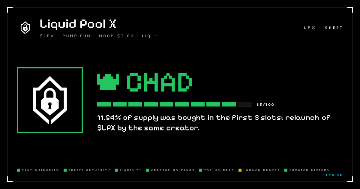 LiquidPoolX's tweet photo. @Xinjir0 @JozzKidd $LPX · CHAD 85/100 · 2HnG…pump
TL;DR: Yeet range.
• 11.54% bought in the first 3 slots
• Clean record on the last 2 launches
Not financial advice https://t.co/Mn96dBFqZd