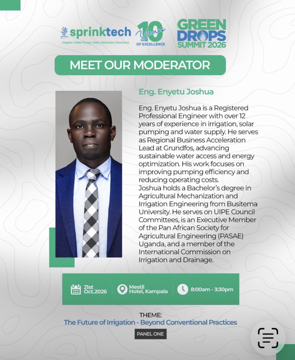 sprinktech's tweet photo. Meet our Panel One moderator at #GreenDropSummit2026
Eng. Enyetu Joshua, @EnyetuJoshua Regional Business Acceleration Lead at Grundfos, brings over 12 years of experience in irrigation, solar pumping and water supply.
He will guide discussions on โThe Future of Irrigation Beyond Conventional Practices,โ exploring innovative approaches to improving pumping efficiency, optimising energy use and expanding sustainable water access.
#SprinktechAt10 #GreenDropSummit2026