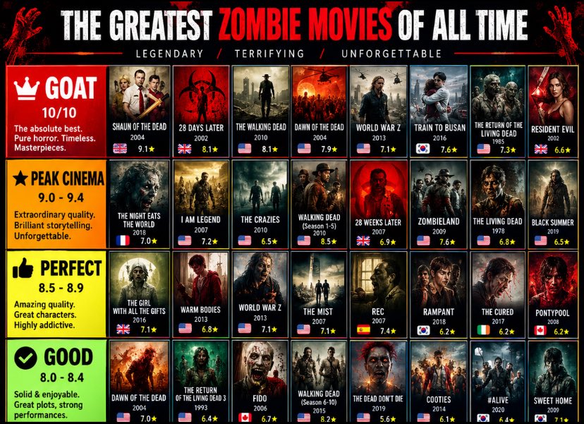 PopcornScene_'s tweet photo. My Ranking of the Best Zombie Movies of All Time 🧟‍♂️🔥 https://t.co/ddIVS6z0mH