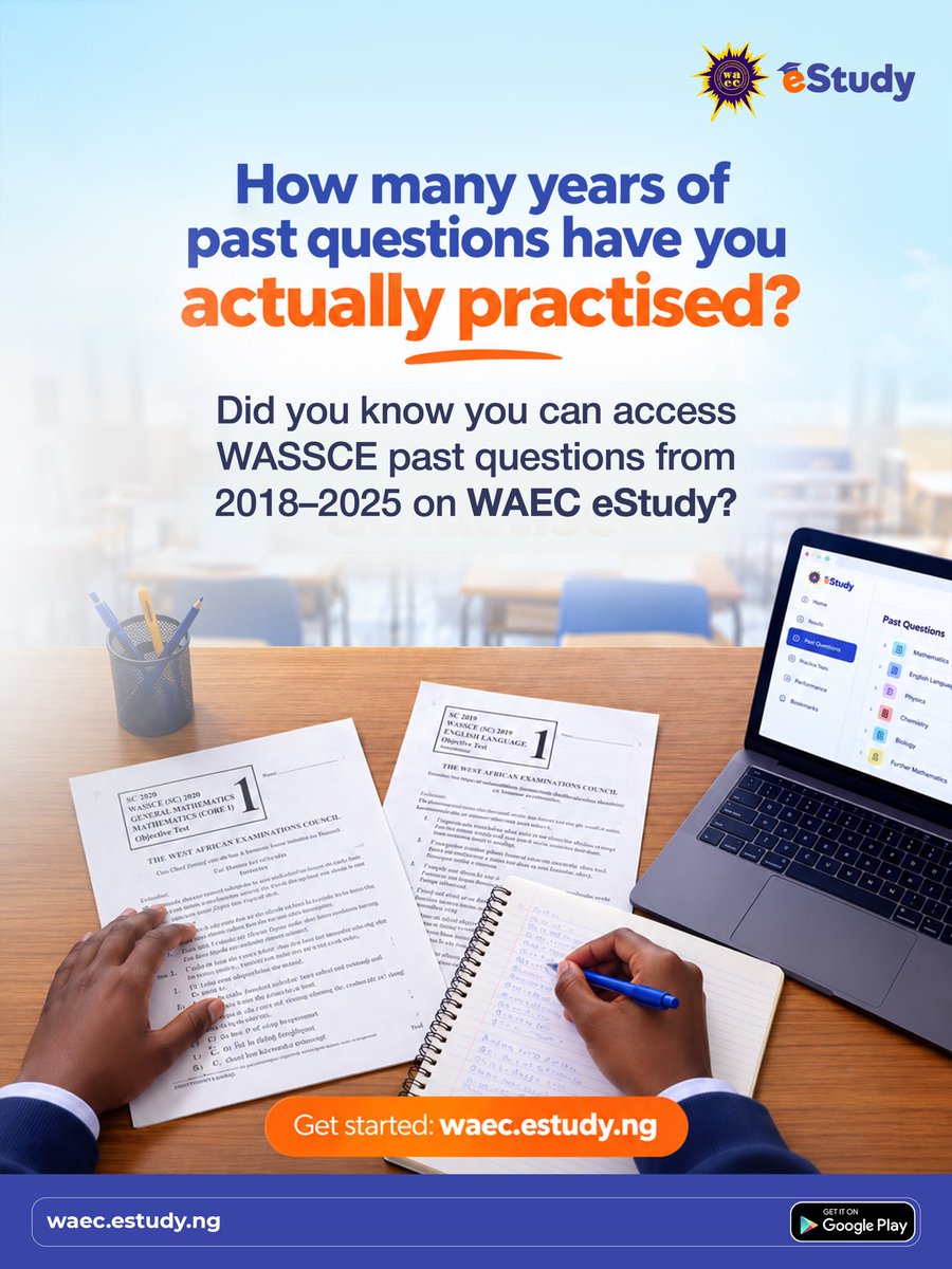 eStudy_ng's tweet photo. Who says you need a pile of past question papers to prepare for WASSCE? 📚  With WAEC eStudy, you have digital access to WASSCE past questions from 2018–2025, all in one place.  Practise smarter and prepare at your convenience: https://t.co/KKgnn0zjYH  #WAECeStudy #WASSCE https://t.co/PWbTJd09Ol
