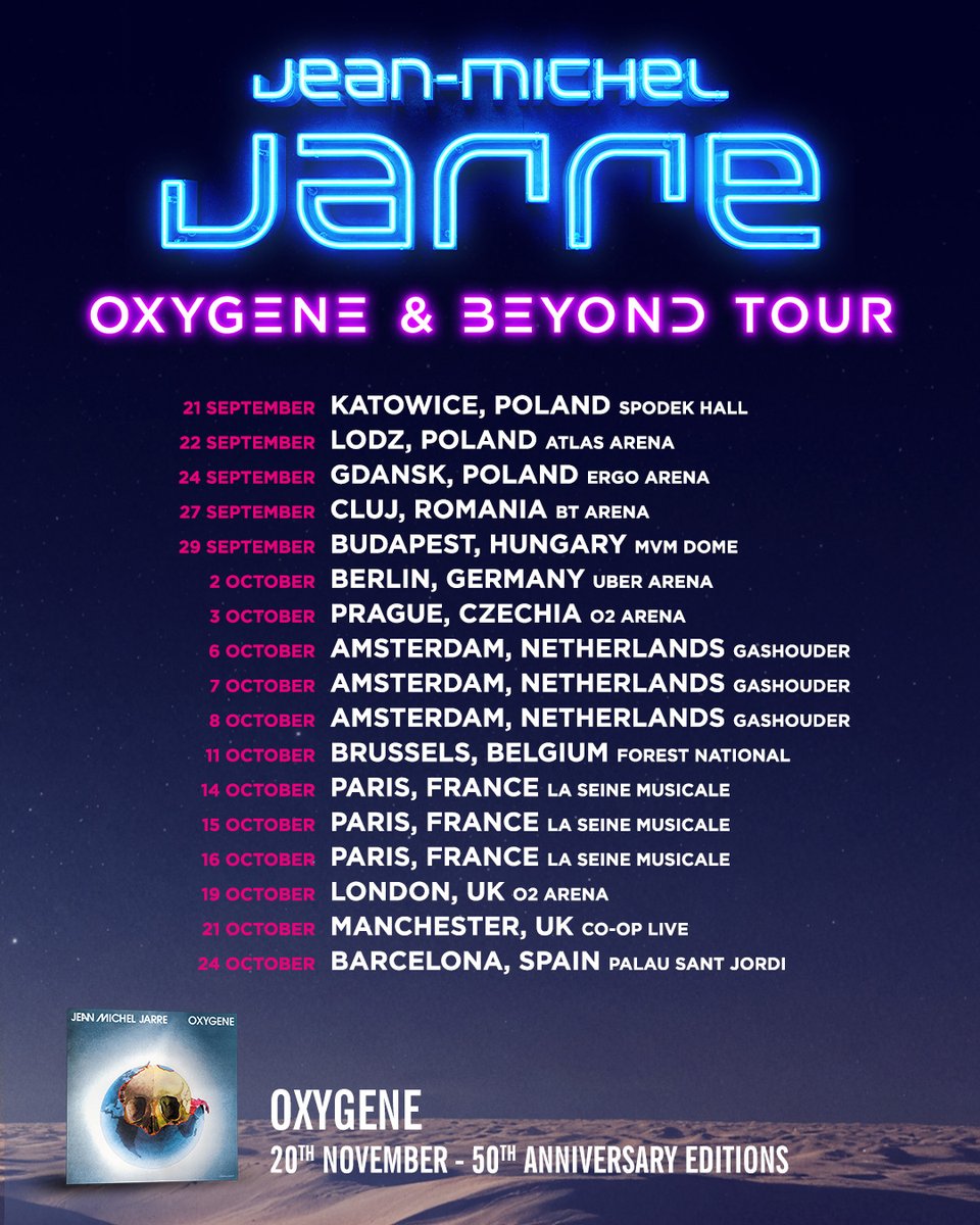 jeanmicheljarre's tweet photo. OXYGENE &amp; BEYOND – TOUR 2027 🌍

Jean-Michel announces the first European dates of his new immersive live tour, celebrating 50 years of OXYGENE.

Artist pre-sales begin 22 October, with further dates opening 28 October.

Sign up for exclusive access: https://t.co/ccMIfVBBcg https://t.co/dnf9jCcaqc