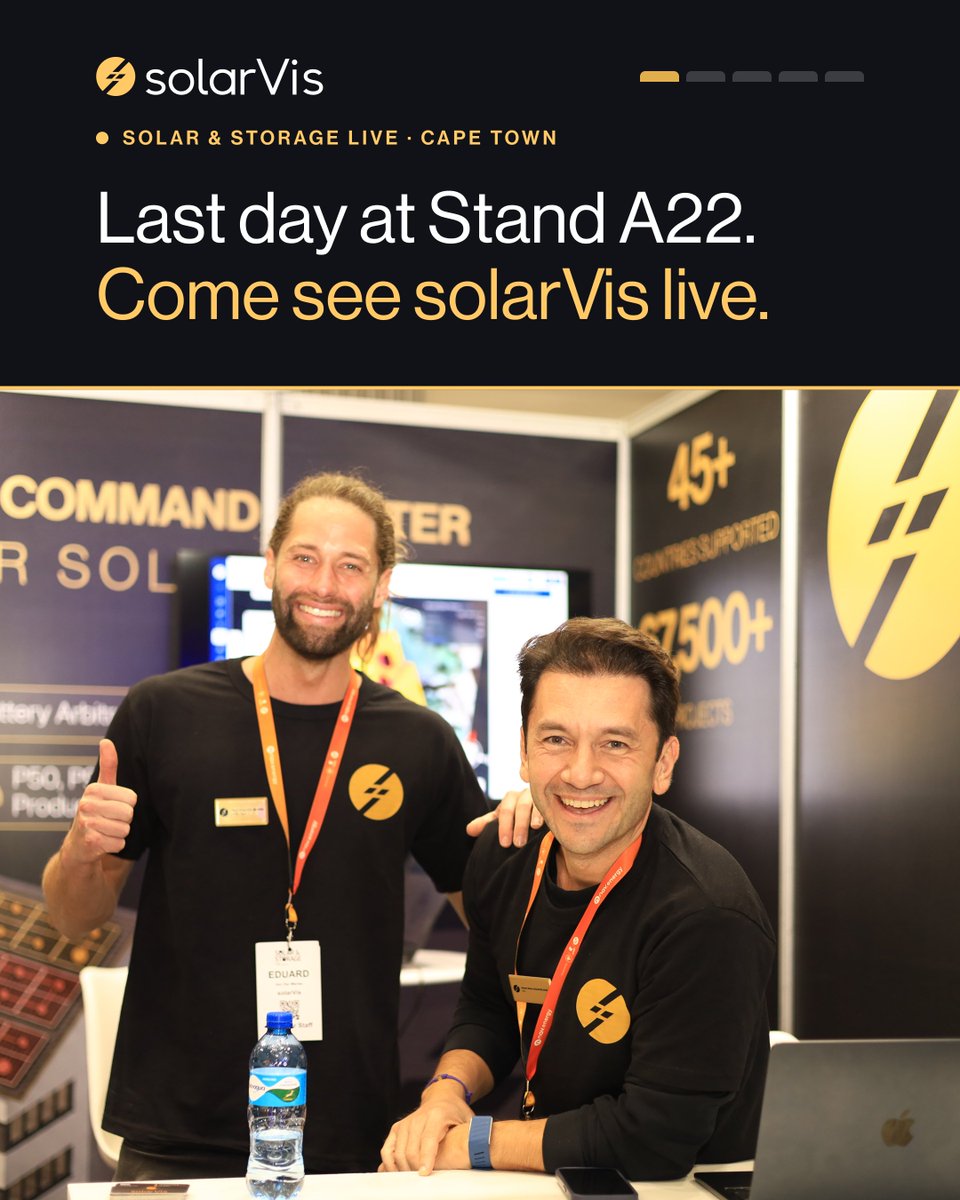 solarvisco's tweet photo. Last day at Solar &amp; Storage Live Cape Town ☀️

Day one at Stand A22 was busy, and we’re back for round two. Swipe to see the team in action →

📍 Stand A22 · CTICC, Cape Town
👋 Come say hi to Ahmet, Eduard and Samet https://t.co/4bR3ki2AeN