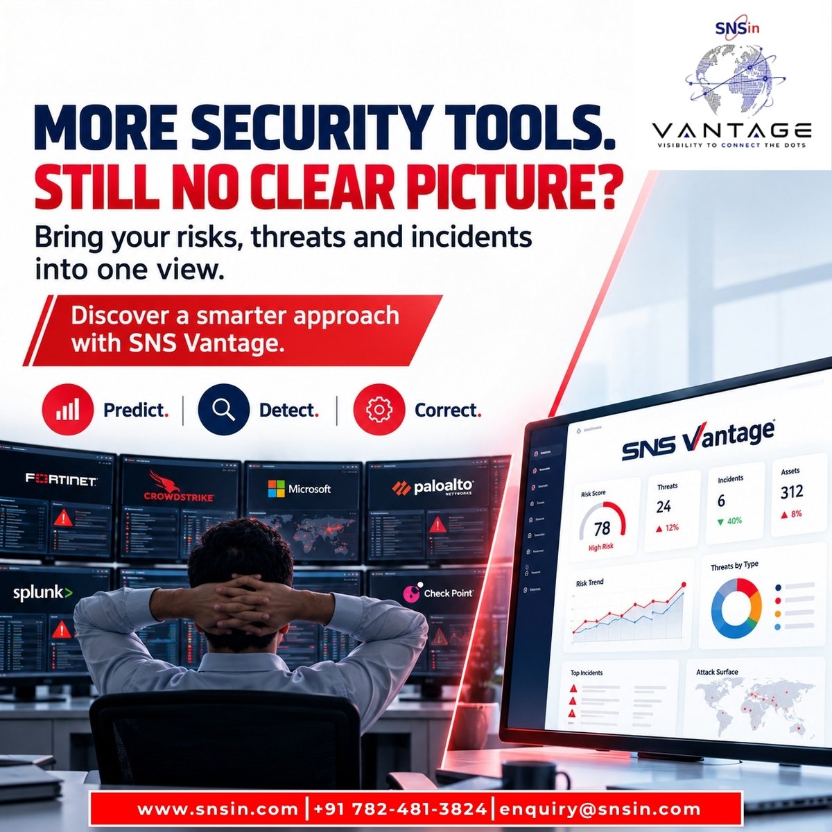 SolutionsSecure's tweet photo. Too many tools, not enough visibility?

Meet SNS Vantage — one view for risk scores, SOC tickets, CVEs, BAS results, and security reports.

PREDICT. DETECT. CORRECT. Make smarter security decisions with unified visibility and 24/7 expert monitoring.

#SNSVantage #Cybersecurity https://t.co/iiU2HK1Jne
