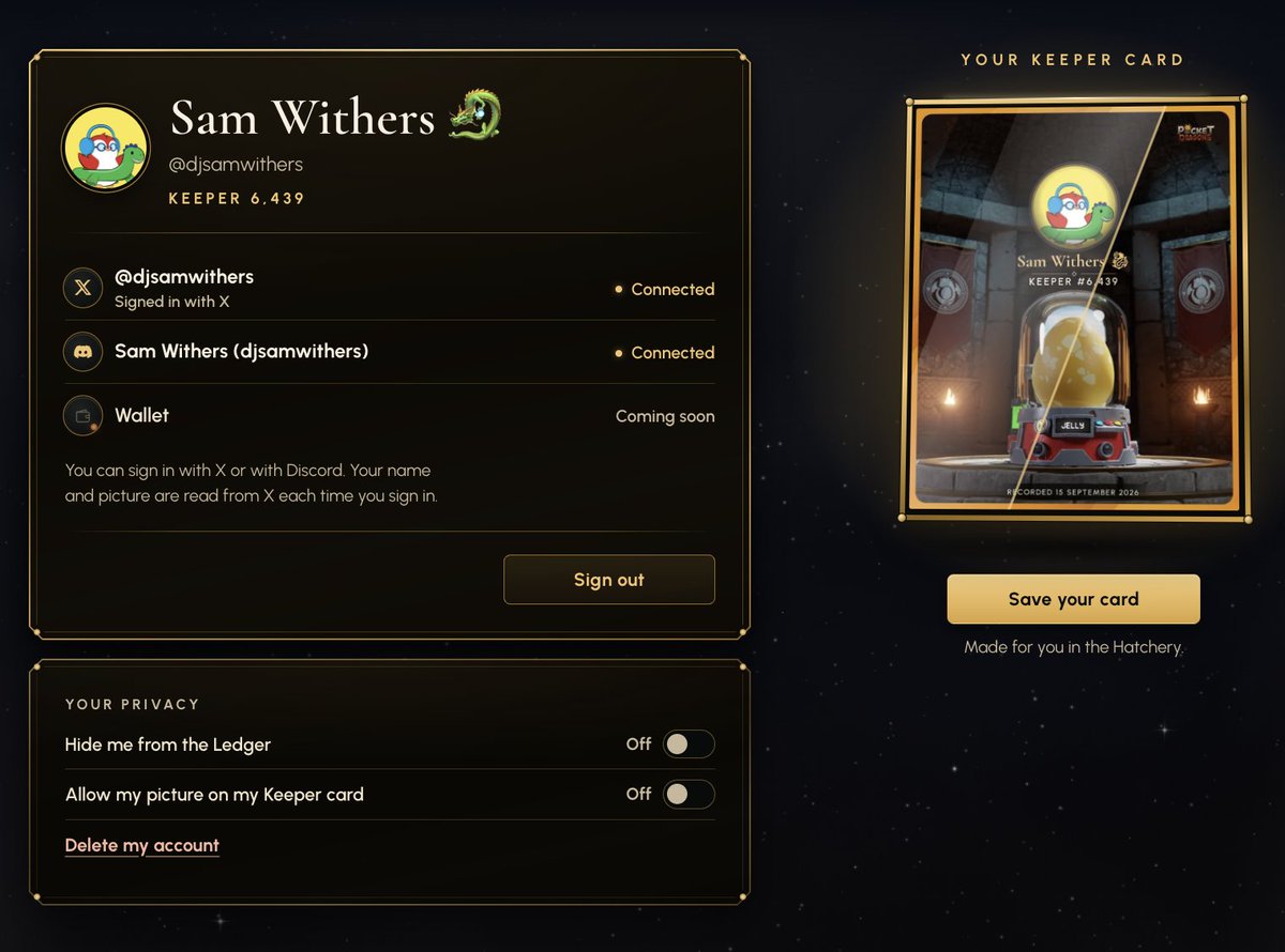 djsamwithers's tweet photo. Well, well, well... 👀

Looks like @TradingJoker has been sneaking in a few upgrades to the @Pocket_Dragons_ website! 🐉

Welcome to your account page.

We have made it easier to connect your X and Discord accounts and we will be building this out to develop your Pocket Dragons account experience.

Something tells me we're getting closer to something big 😉