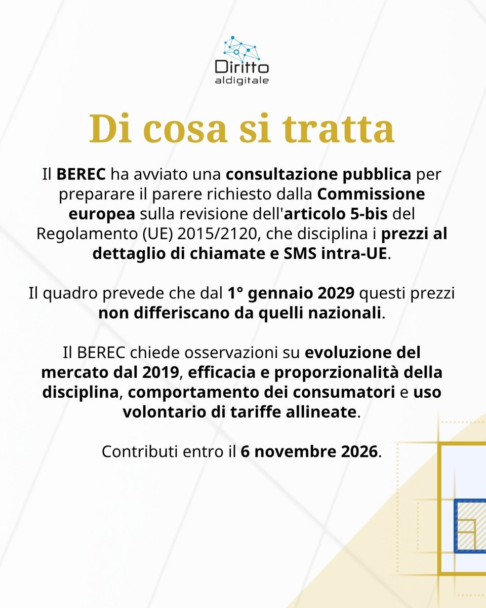 dirittodigitale's tweet photo. 🖋️ Il BEREC avvia una consultazione sulla revisione del quadro regolamentare per chiamate e SMS intra-UE
📌 Ne hanno discusso Massimo D’Andrea, Matilde Losa e Arianna Porretti di DLA Piper su Diritto al Digitale
#BEREC #consultazionepubblica #quadroregolamentale #dlapiper https://t.co/QrPsBYVyDJ