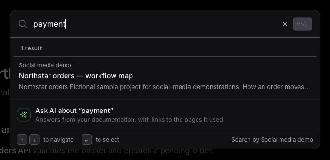 docuwriterai's tweet photo. Can't remember which page covers payment?

Search your DocuWriter Space, then open the matching documentation.

A real search in our invented demo Space ↓

https://t.co/80u58QmLQG https://t.co/7djJ8G5eG9