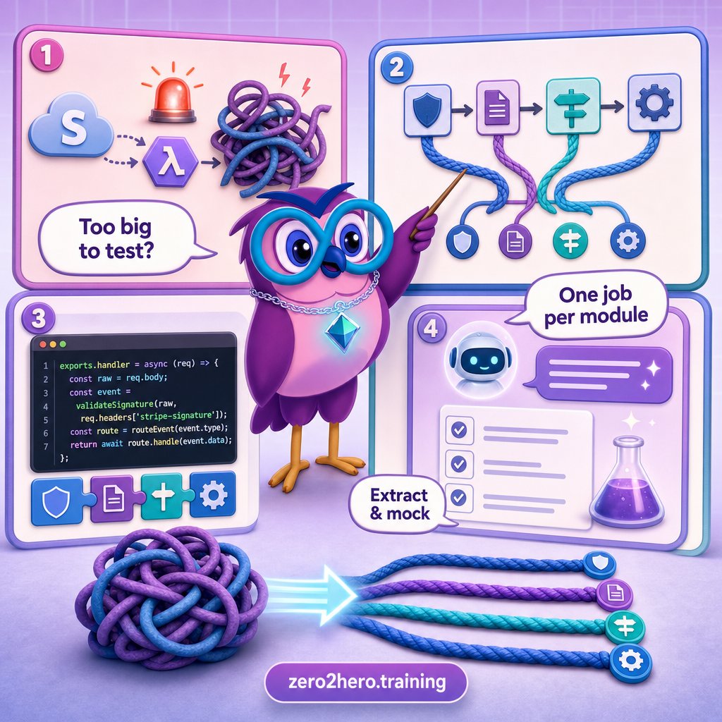 zero2hero_uk's tweet photo. Keep serverless webhook handlers tiny: validate signature, parse payload, route event, then call a tested service. Example: handler => validateSig(req); const h = route('payment_intent.succeeded'); h.handle(data). Want help? talk to https://t.co/65Oho9mZ1v #Serverless #Webhooks # https://t.co/bWkErZcYOl