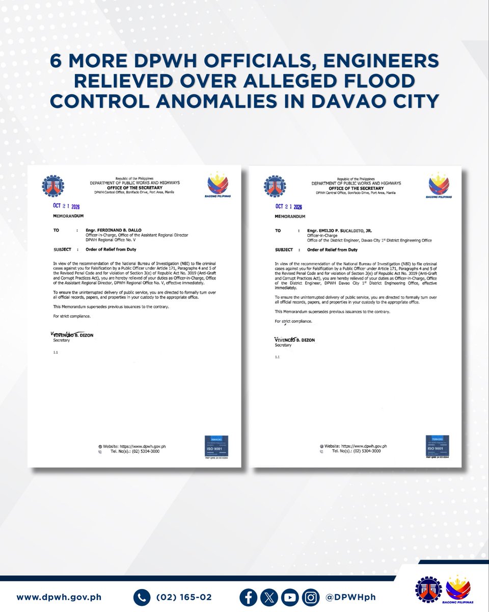 DPWHph's tweet photo. 𝐓𝐈𝐍𝐆𝐍𝐀𝐍: Sibak din sa pwesto ang anim pang empleyado ng Department of Public Works and Highways (DPWH) na humawak ng maanomalyang flood control projects sa DPWH Davao City 1st District Engineering Office kasunod ng rekomendasyon ng…| Full Story: https://t.co/uoGU1aal0B https://t.co/j4qnSq9HZ5