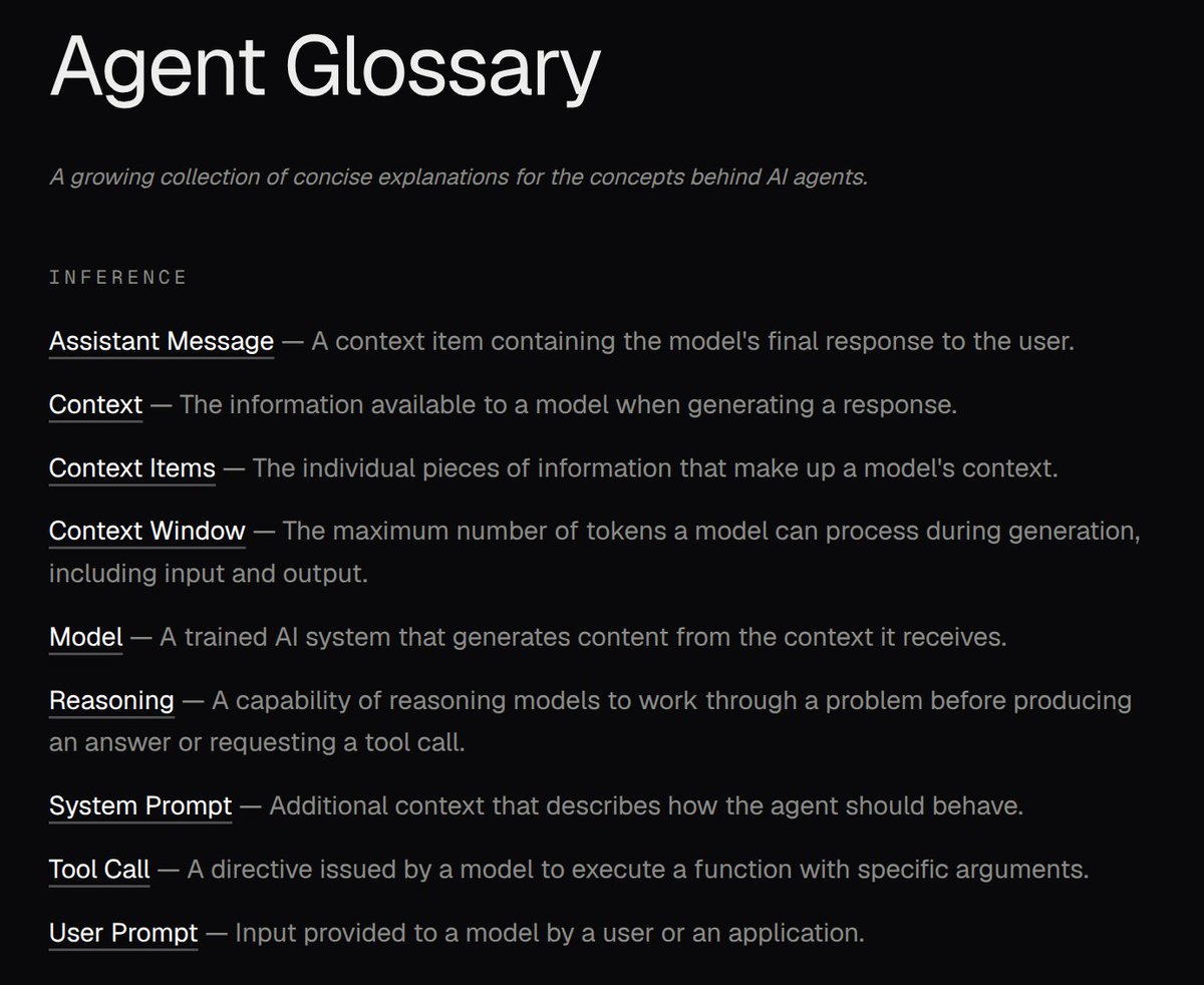Mijuraaa's tweet photo. I’ve completed the inference fundamentals section of my AI Agent Glossary.

It covers the basic but important terms every AI engineer should understand, explaining model capabilities and how they relate to the structure of LLM context.

Next, I’ll cover concepts closer to agents: loops, harnesses, memory, sub-agents, and more.

From there, I’ll explore more advanced patterns for building agent harnesses.