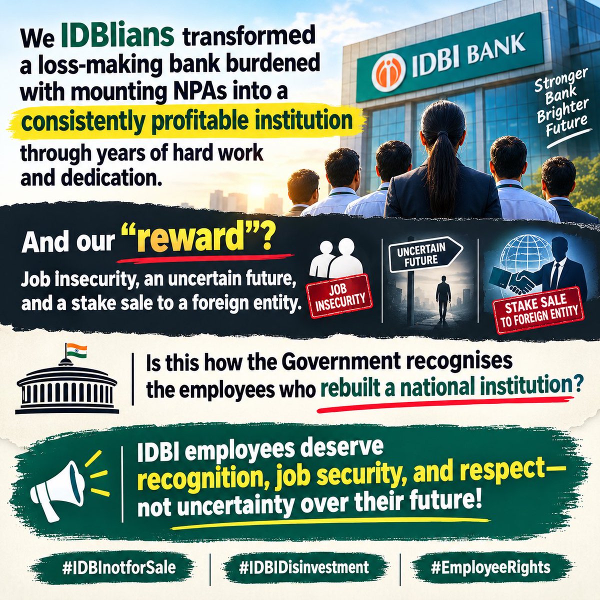 Preetichau537's tweet photo. We IDBI Employees Deserve Justice#
#IDBINotForSale 

The Government cannot ignore the workforce that helped turn this institution around.

* Recognise our contribution.
* Protect our jobs.
* Secure our future.
* Stop treating IDBIians as expendable!
Stand with IDBI employees. https://t.co/UWdFeu2dNX