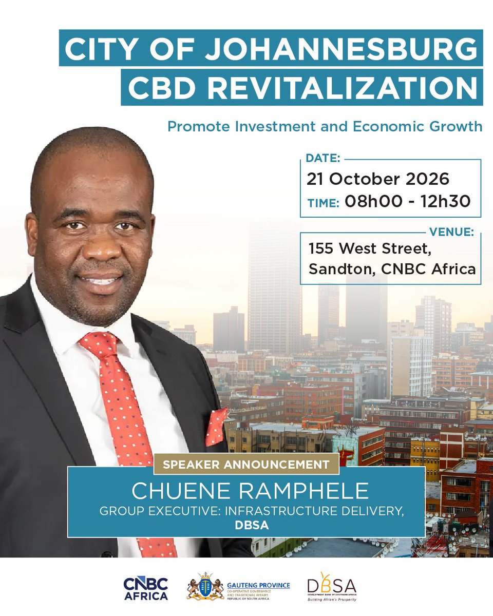 cnbcafrica's tweet photo. Executive leadership is at the forefront of the conversation on revitalising Johannesburg’s inner city.

The Gauteng Provincial Government’s City of Johannesburg CBD Revitalisation Programme Breakfast brings together key leaders to discuss infrastructure development, public-private collaboration and strategies to unlock investment and drive inclusive economic growth.

The executive speakers include:
Panyaza Lesufi, Premier of Gauteng Province
Jacob Mamabolo, MEC for the Gauteng Department of Infrastructure Development
Dada Morero, Executive Mayor of the City of Johannesburg
Chuene Ramphele, Group Executive: Infrastructure Delivery at the Development Bank of Southern Africa (DBSA)

#CNBCAfrica #EconomicGrowth #DBSA #GautengProvince
