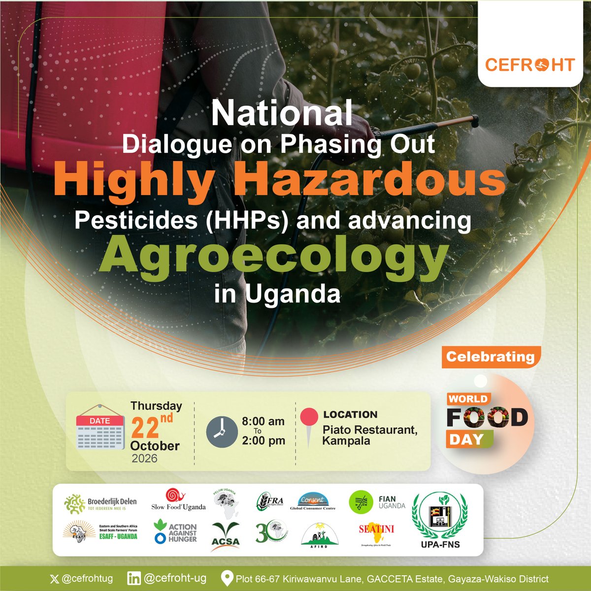 CefrohtUg's tweet photo. Would you spray your farm with a chemical Europe has banned? 🤔 Many Ugandan farmers do, without knowing it.

Of the 115 pesticide active ingredients registered in Uganda, 55 are highly hazardous, and most of those are not approved in the EU countries that export them ☠️ Only 31% of our farmers have ever been trained to handle them safely.

Tomorrow, 22 October, the Agroecology Collaborative, convened by CEFROHT, hosts a National Dialogue on phasing out highly hazardous pesticides and launches the Joint National HHPs Strategy for Uganda 🌱

Safe food is a right ⚖️

#BanHHPs #Agroecology #WorldFoodDay #CefrohtUG