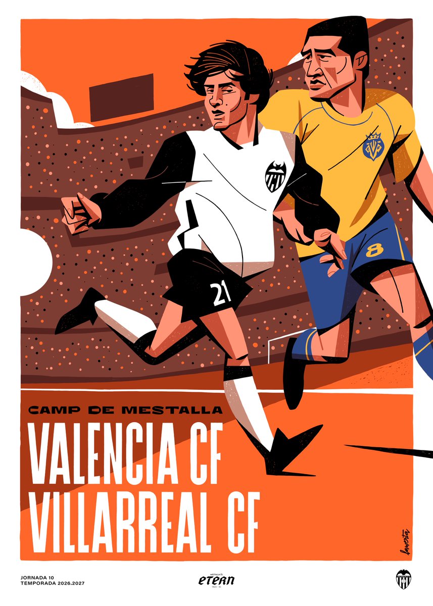 valenciacf's tweet photo. ‘Col.lecció Mestalla és Etern’: Valencia CF – Villarreal CF 🧡💛

 🎨 Este cartel está inspirado en las leyendas argentinas Pablo Aimar y Juan Román Riquelme

🖌️ @Lawerta 

🔗 https://t.co/jrFMlOd22M https://t.co/XEVTJzAA53