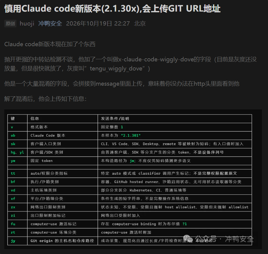 realNyarime's tweet photo. 慎用Claude code新版本(2.1.30x),会上传GIT URL地址，他现在会上传你的当前目录的git的URL!一键定位到哪个组织用哪个中转站开发哪个项目。

猜测是如果直接分析message交互信息里面的git，一个是不合法，另外一个是数据量太大，不好定位到人（还有隐私问题）。现在是客户端直接上传字段带git地址，定位到人更方便了。并且这个无法关闭，之前的遥测还能关闭，即便是走中转站开发红队项目或者某些私有项目也会被上传到A÷服务器

具体测试可见👇报告：
https://t.co/pAQsR0t3Ae