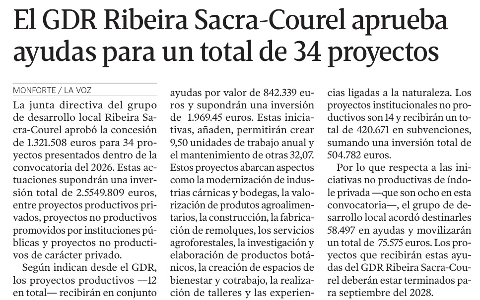 ConcellodeSober's tweet photo. 🟪 O GDR Ribeira Sacra - Courel aproba 1.321.508 euros en axudas para 34 proxectos da convocatoria de 2026, que suporán un investimento total de máis de 2,5 millóns de euros.

🗞️ La Voz de Galicia. https://t.co/H6Alpt7wEc