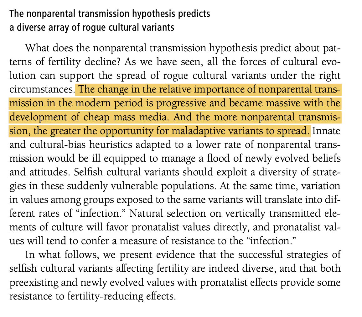 C_Harwick's tweet photo. Boyd &amp; Richerson in 2005: The more cultural variants spread horizontally (peer to peer) rather than vertically (to children), the more likely they are to be maladaptive, and this explains the demographic transition. https://t.co/TcATVwOzGs