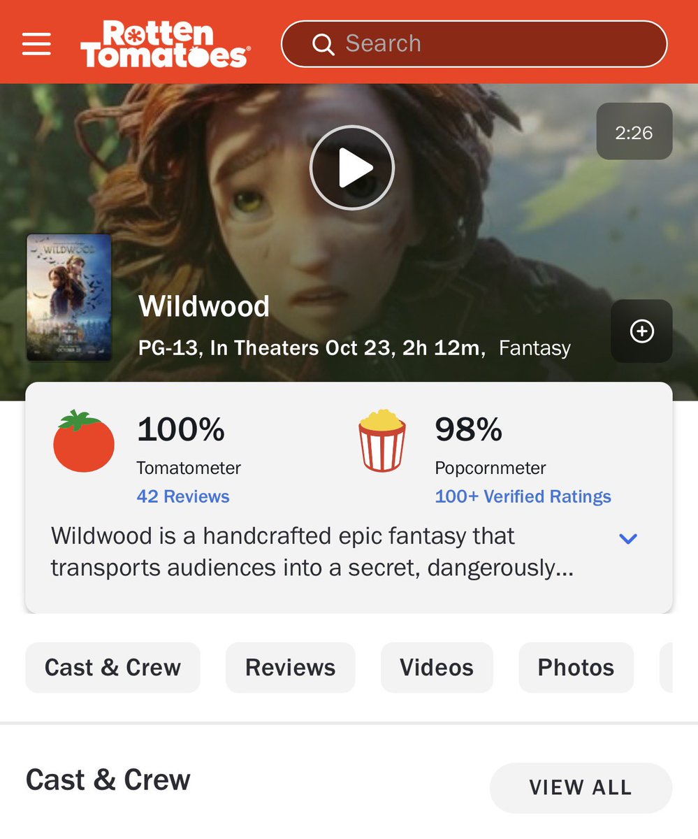 HollywoodHandle's tweet photo. Laika’s ’WILDWOOD’ debuts with a near perfect 98% Audience Score on Rotten Tomatoes from early fan screenings 🍅 

The film still sits at a 100% critics score — one of the highest rated animated films of the decade. https://t.co/nWQvi2vw3E