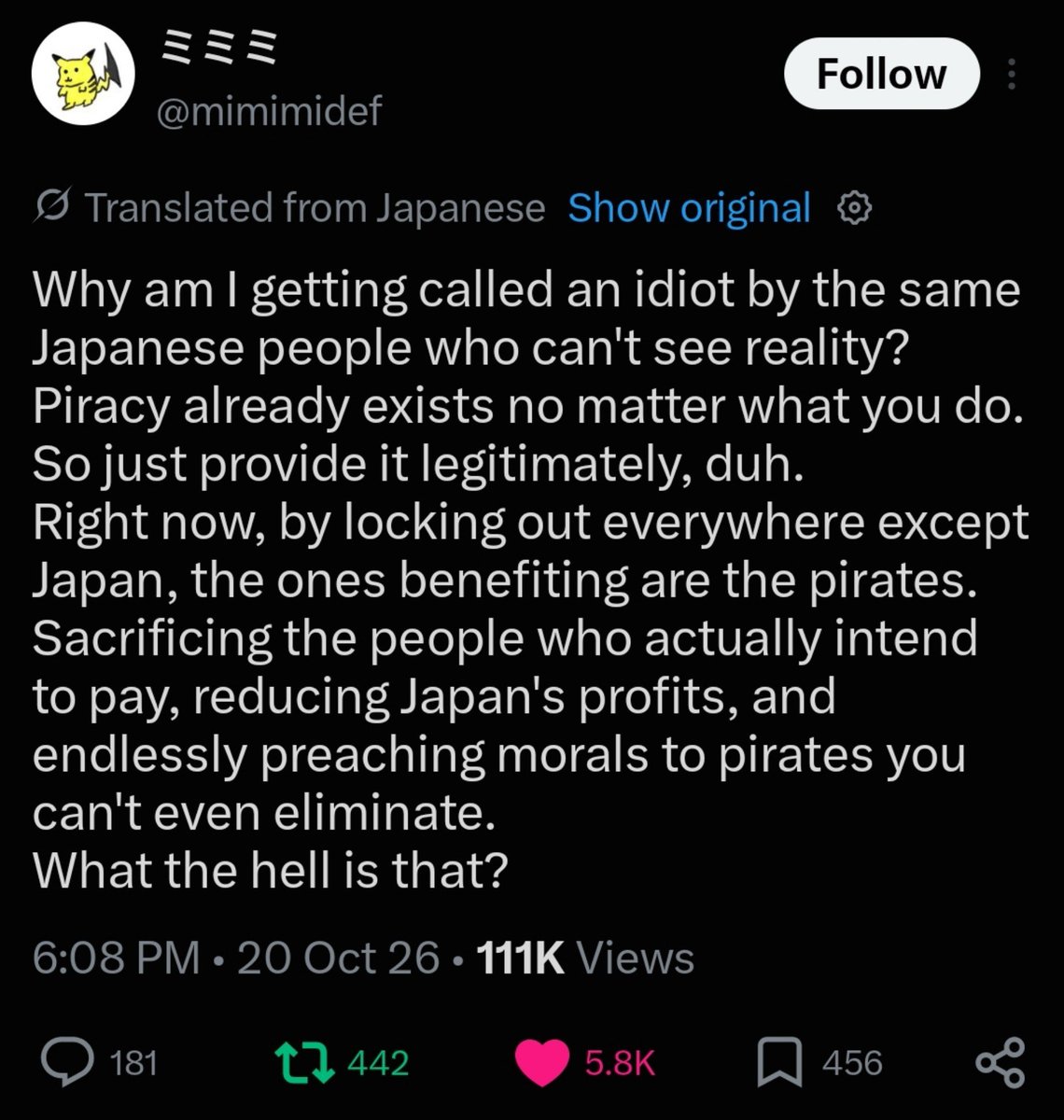 anon54980's tweet photo. I have said multiple times twitter really isnt a good place to "meassure the real world"

As these JP users themself points out, smth like 2ch exist in Japan- there are a lot of stuff that are born thanks to piracy 

So these anti-piracy people are like op said, a vocal minority https://t.co/65VJM95rKw