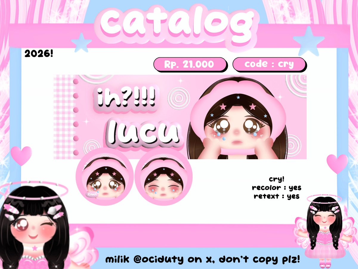 ociduty's tweet photo. ۪   ݁    ⠀help rt ya! maaci 🍥🐇

haii! bantu 0SPEK catalog baru aku ' cry ' si imut menangis ini 🐱^^ kalo tida aman boleh dm aku baik baikk ya! anw untuk layoutnya ufs hihi^^ 👀! .    𝆹

#bealanja ⭐🌸 https://t.co/kI5cO6hSUM