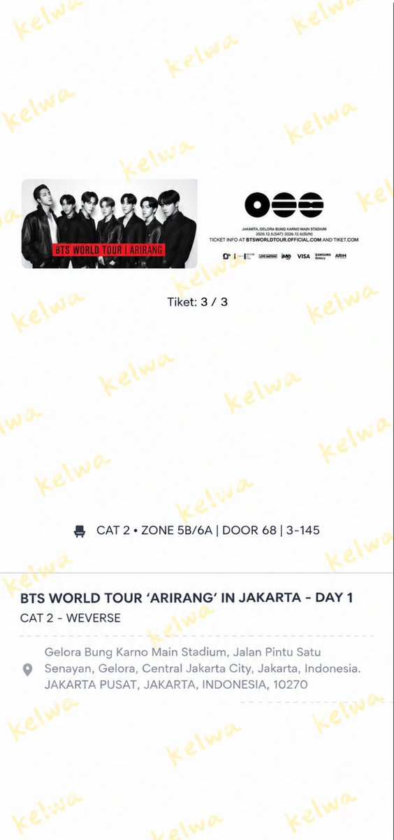 ameerajeo's tweet photo. WTS || WANT TO SALE TIKET 💜

BTS ARIRANG in JAKARTA 2026 ‼️

🌟VIP PACKAGE C - 2 TIX DAY 3 [PRESALE] ROW - N SEAT 99-100
🌟CAT PLATINUM TRIBUNE - 2 TIX DAY 2 [PRESALE] DOOR 20 ZONE 6 SN 9-10
🌟CAT 1 - 4 TIX DAY 2 [PRESALE] DOOR 10 SN 5-8 
🌟CAT 2 - 3 TIX DAY 1 [PRESALE] DOOR 68 SN 145-147 
🌟CAT 3 - 3 TIX DAY 3 [PRESALE] DOOR 76 SN 172-174

✅ SN Berderdet
✅ Fullpay only
✅ Diurus sampai jadi wristband
✅ COD wristband di venue

t. wts wtb jual beli tiket bts arirang jkt 

#BTS_WORLDTOUR_ARİRANG #arirangjkt