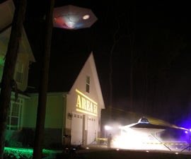 RavensBrent's tweet photo. In Lansing, Michigan, Jerry Jodliski’s Area 51-themed Halloween display featured a 9-foot-tall and 13-foot-wide spaceship with three 6-inch tall aliens, as well as a second ship that hung 25 feet above the ground. https://t.co/2DYP56R2fI