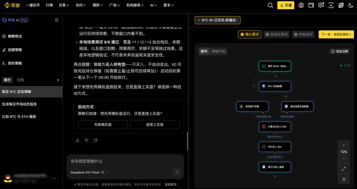 Murphychen888's tweet photo. Binance上线AI Pro，小伙伴们有用过吗？

如果没有，强烈推荐你去试试！相信用过后，你就会和我有一样的感觉 —— 作为一家拥有深厚交易背景的平台开发的产品，真的太懂我们了。

如果把我们常用的ChatGPT、Claude等通用大模型比作一位知识渊博的研究员，那么AI Pro更像是一位熟悉交易系统，能够按照我们的要求构建和执行策略的好帮手。

比如，我希望AI Pro给我一套合适的BTC定投策略。

只给了“用100万USDT，在60天内完成定投”的要求。但这不是简单地把100万除以60，还需要能根据剩余预算和剩余天数动态调整基础定投金额。

如图所示，AI Pro 并非像其他大模型那样给我一段代码，而是直接生成了一套可视化策略工作流。

从定时触发、读取行情、检查余额、计算当日买入金额，到执行市价买入、记录累计投入，每一步都有清晰的逻辑关系。

我在电脑端演示的场景，可以并排查看对话与策略工作流。点击工作流中的任意步骤，可以提问、修改、新增或移除元素。也可以继续用自然语言要求AI修改，完全不需要自己懂Python。

它在检查策略逻辑时，还发现了模拟下单时可能因手续费导致余额不足的问题，自动补充手续费缓冲和执行日志，并重新测试。

说实话，这样的体验，让我对金融AI的价值有了更直观的认识。

在过去，只有具备编程能力的量化交易者才能完成的策略构建，现在只要通过自然语言，就能让更多普通投资者参与进来。

它不再是一个只能回答各类金融问题的聊天机器人了。

在这个市场，投资者之间存在两种能力差距：

一种是认知差，即能不能找到有效的交易逻辑；另一种是技术差，即能不能把自己的逻辑转化为可持续执行的程序。

我认为，Binance AI Pro或许不能消除前者，但一定可以大幅缩小后者。