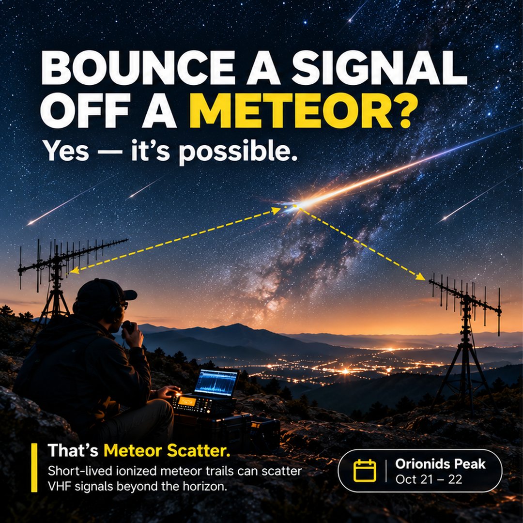 ailunce's tweet photo. ☄️ Ever bounced a signal off a meteor trail? 📡
The Orionids peak Oct. 21–22 🌠, and their ionized trails can scatter VHF signals beyond the horizon.
Ever made a Meteor Scatter QSO? 👀
#HamRadio #MeteorScatter #VHF #QSO https://t.co/J2mL5bEGkQ