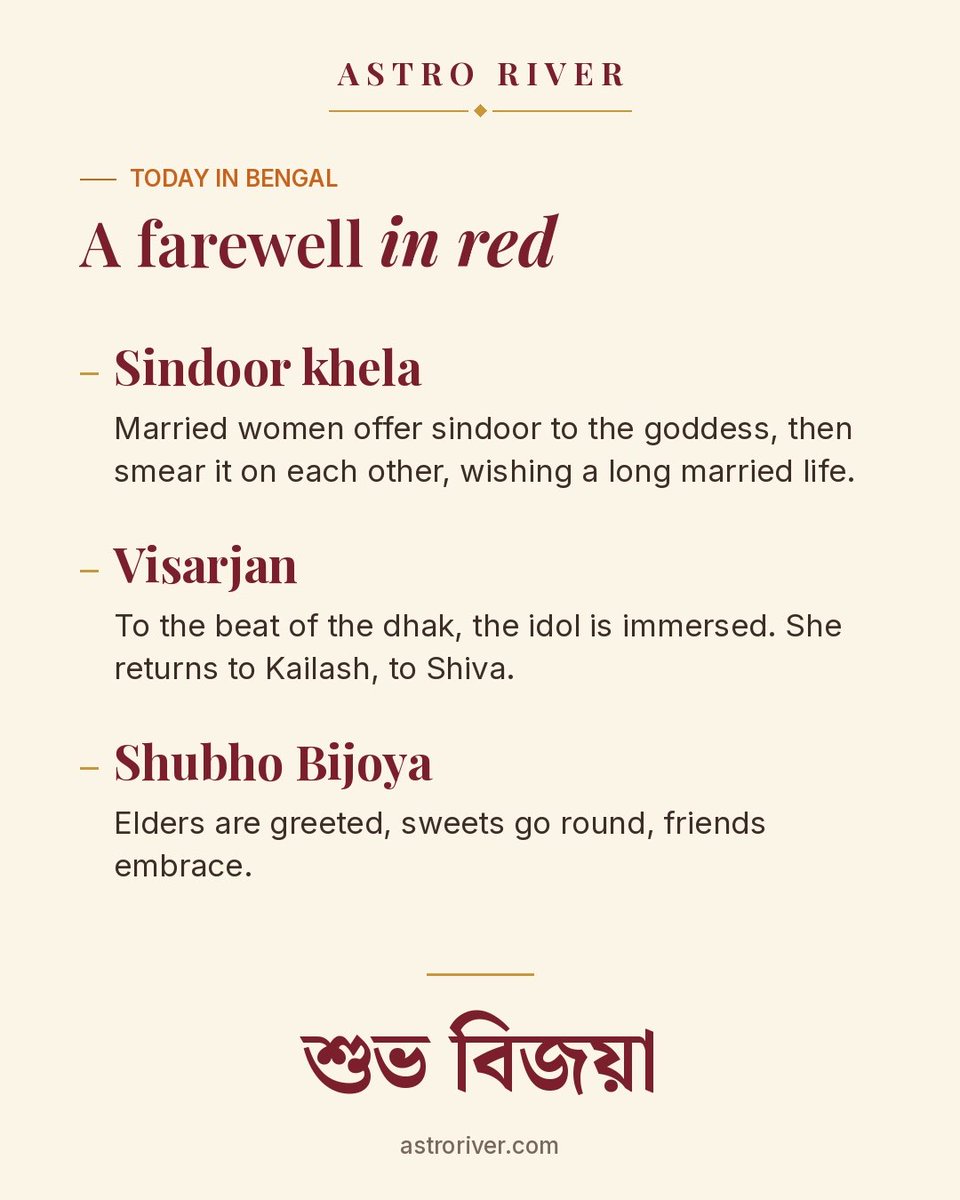 astroriver's tweet photo. If Dussehra was yesterday, why is Bengal celebrating it today? One Dashami, two rules, and both are right. 🙏
শুভ বিজয়া · शुभ विजया
Follow us on Instagram: https://t.co/ecYWxlox7J https://t.co/9drrfZ3ToW