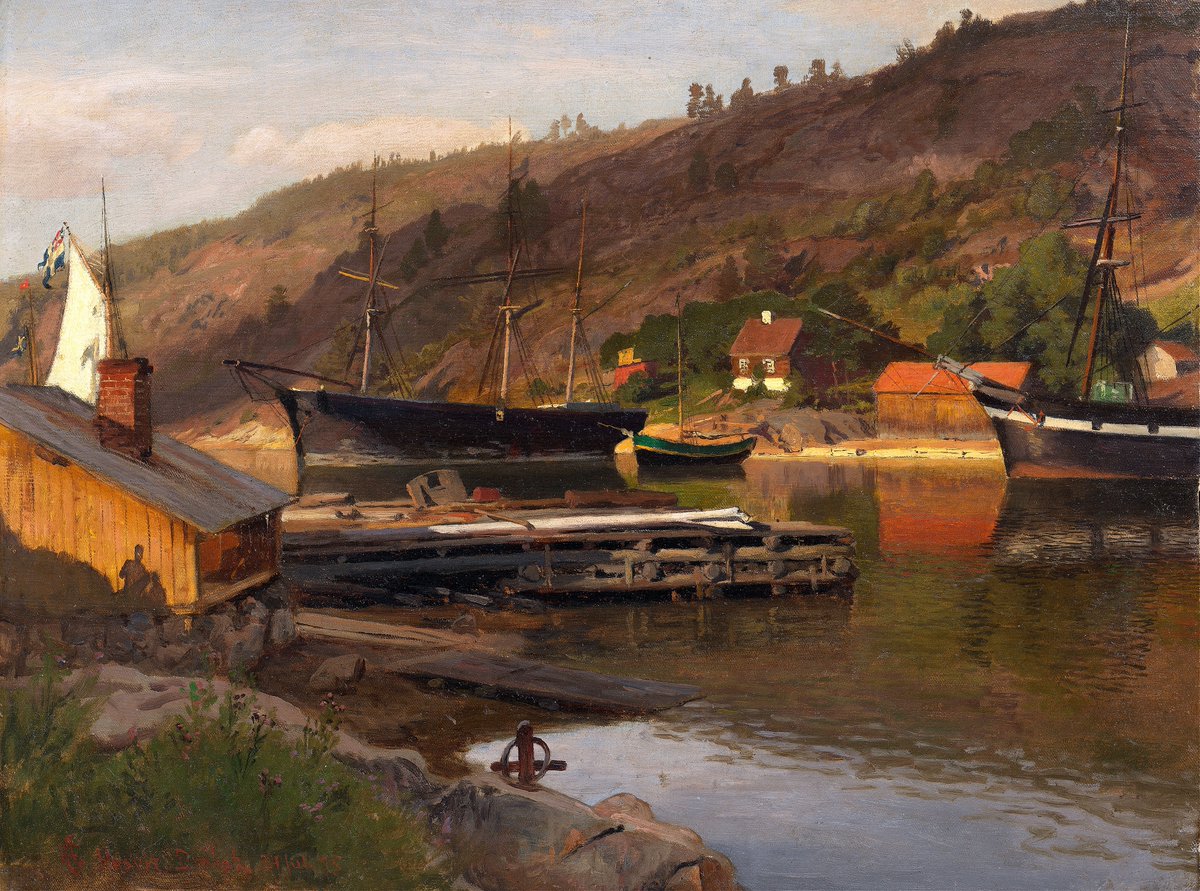 CloooudsE27819's tweet photo. 『フースヴィクの船着き場、ドローバック（Landingsbrygge Husvik, Drøbak, 1875）』

ハンス・ギューデ（Hans Gude、ノルウェー、1825–1903） https://t.co/26ZmDlTB2w