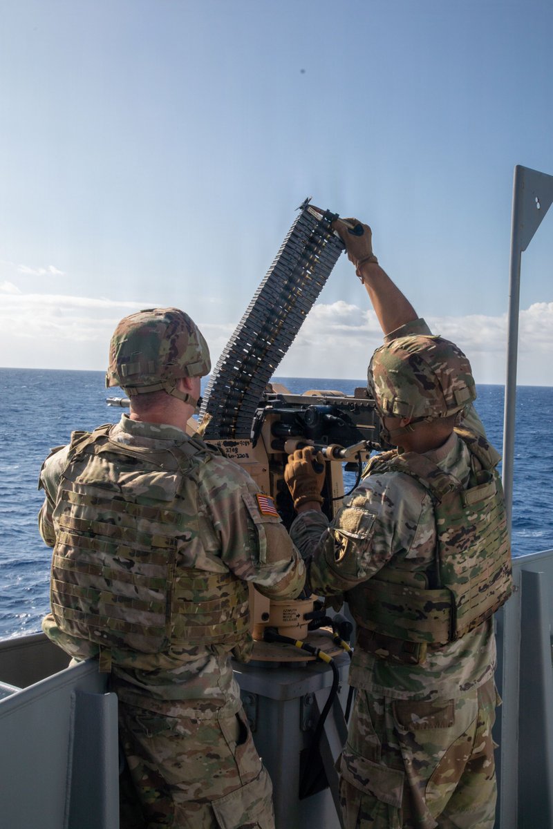 USARPAC's tweet photo. U.S. Soldiers assigned to the 8th Theater Sustainment Command sharpen their weapons proficiency during gunnery training aboard a Logistics Support Vessel (LSV) off the coast of Oahu, Hawaii. https://t.co/X556XpOXWo