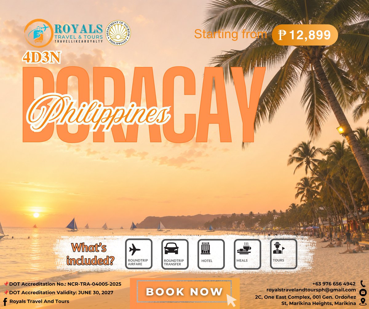 KyliewUFlore8mD's tweet photo. Your Boracay getaway starts here! Enjoy 4 Days/3 Nights from PHP 12, 899 per person, including airfare, transfers, hotel stay, daily breakfast, and premium island hopping. Perfect for friends, couples, and families. Limited slots available. https://t.co/kytlSpupq2
