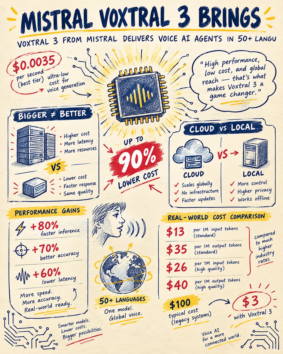 hostmopcom's tweet photo. OpenAI charges premium for voice AI. Mistral's Voxtral 3: $0.0035/min, self-deployable, 50+ languages. Self-hosting saves 85-90%.

https://t.co/4mWZwek9uy https://t.co/idQktw3HxU