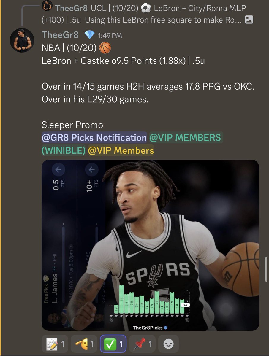 TheGr8Picks's tweet photo. Recap (10/20) | 5-0 🧹

✅ 1u | Devin Vasell o2.5 1Q Points (-130) 
✅ LeBron + Brunson o19.5 Points (1.87x) 
✅ LeBron + City/Roma MLP (+100) 
✅ Anunoby + Brown o13.5 Points (1.96x) 
✅ LeBron + Castle o9.5 Points (1.88x) |

Why would we not take advantage of the promos + our first official NBA play in Vasell .. VAMMMMOS. 

📊: @PropsEdge | #Gambling𝕏 #NBA