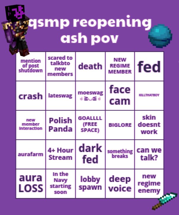 ASHNOLIA's tweet photo. made this for the qsmp reopening tomarrow . i guess you can use this for a drinking game too but lelele #ashswag #qsmp2 https://t.co/kIMTG0knMb