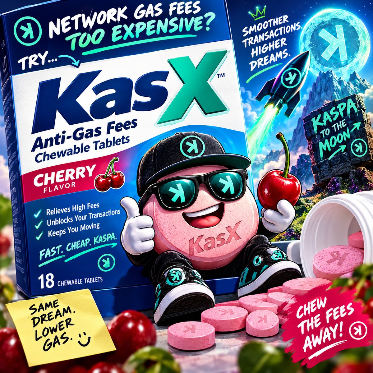 KasXOfficial's tweet photo. HEY KASPA FAMILY! 💙💚 
Introducing KasX 💊💨
Network gas fees got you bloated? 😂
Time for some relief!
We're bringing the GAS-X energy to the Kaspa meme scene. 🚀
📅 LAUNCHING ON @Kaspaseal  — FRIDAY THE 23RD!
Follow KasX now so you don't miss launch day. 👀
@TheKCommunity https://t.co/NDXz2xRxeG