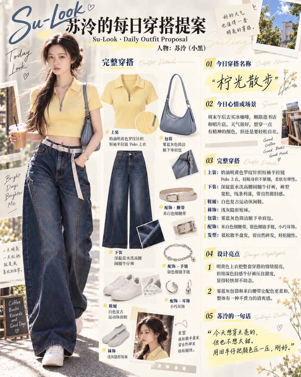 wiwozhao's tweet photo. ☀️ Su- Look|苏泠的每日穿搭
今日穿搭:柠光散步 · Lemonlight Stroll 🍋
奶油黄针织Polo × 深靛蓝阔腿牛仔裤,搭配米白腰带、白色复古运动鞋和雾蓝灰腋下包。
不必每天都穿黑色。偶尔明亮一点,也挺好。
一套适合散步、晒太阳、随便走走的日常穿搭。
#SuLook #DailyOutfit #OOTD #苏泠Digital https://t.co/YJ4fMP67dn