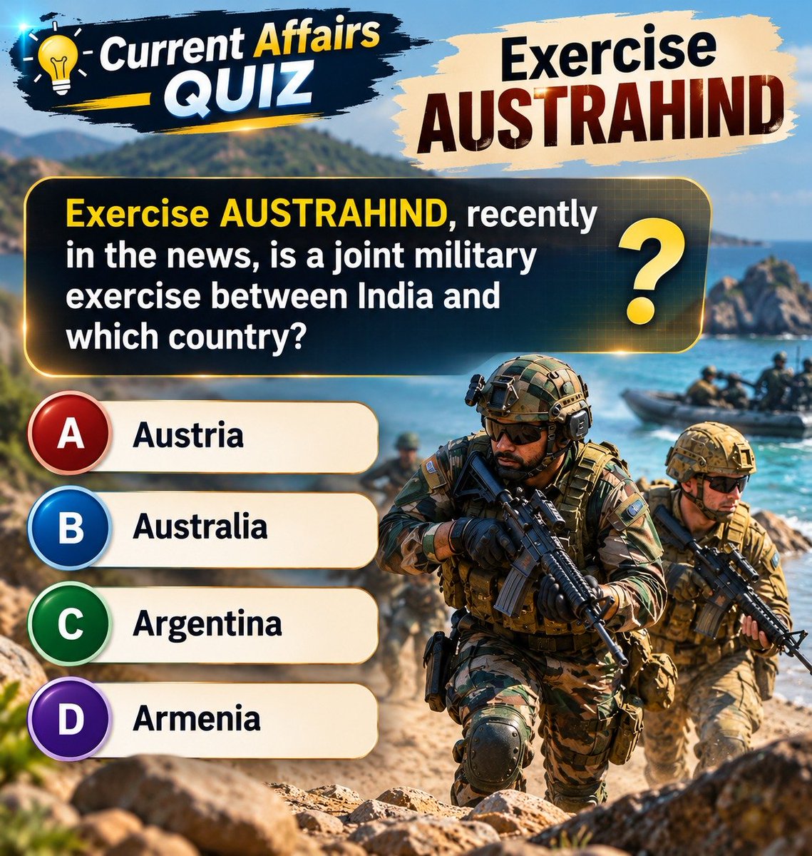 cematerial's tweet photo. Current Affairs Quiz🔔:

Exercise AUSTRAHIND, recently in the news, is a joint military exercise between India and which country?

#currentaffairsquiz #currentaffairs #UPSC #SSC  #RRB #BPSC  #competitiveexams https://t.co/JDemiGefgE