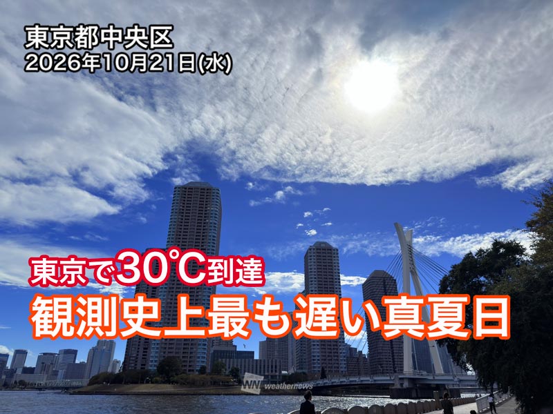 wni_jp's tweet photo. ＜東京　最遅の真夏日記録を更新＞
今日21日(水)は西日本、東日本の太平洋側は午前中から気温が高く、季節外れの暑さです。
大阪市や名古屋市に続いて東京都心も30℃に到達し、観測史上最も遅い真夏日の記録を更新しました。
https://t.co/J6t2brboyq https://t.co/ZSHnCwr0uM