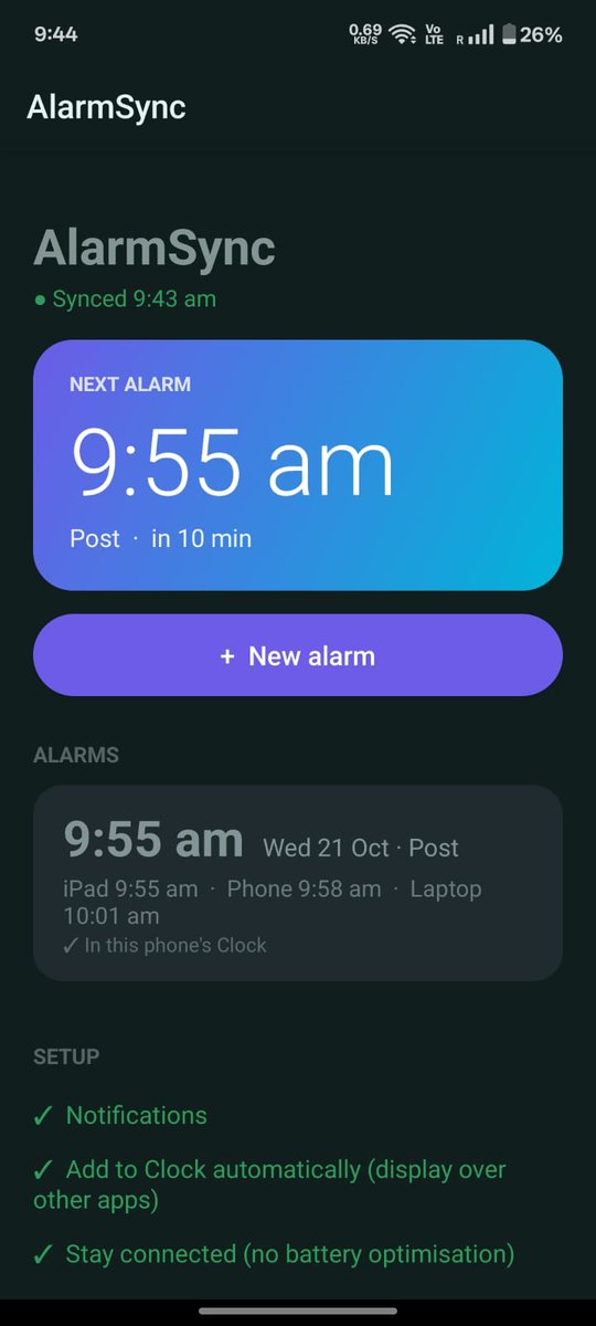 Arshdeez_'s tweet photo. Built Alarmsync -  set an alarm once, it rings on my iPad, phone, and laptop.

Any of the three can create or edit alarms for all devices, with a custom delay per device.

Apple Shortcuts are really useful. Otherwise, I had to build another client for iPad. https://t.co/02YayeuWXO