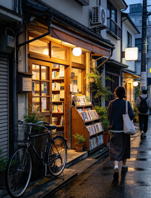 PDidacta's tweet photo. 雨に濡れた路地に佇む古本屋さん📚 暖かい明かりが窓から溢れ、外には本が並んでいる。 古本屋でよく探すジャンルは何ですか？ https://t.co/FS8vkAUQvy
