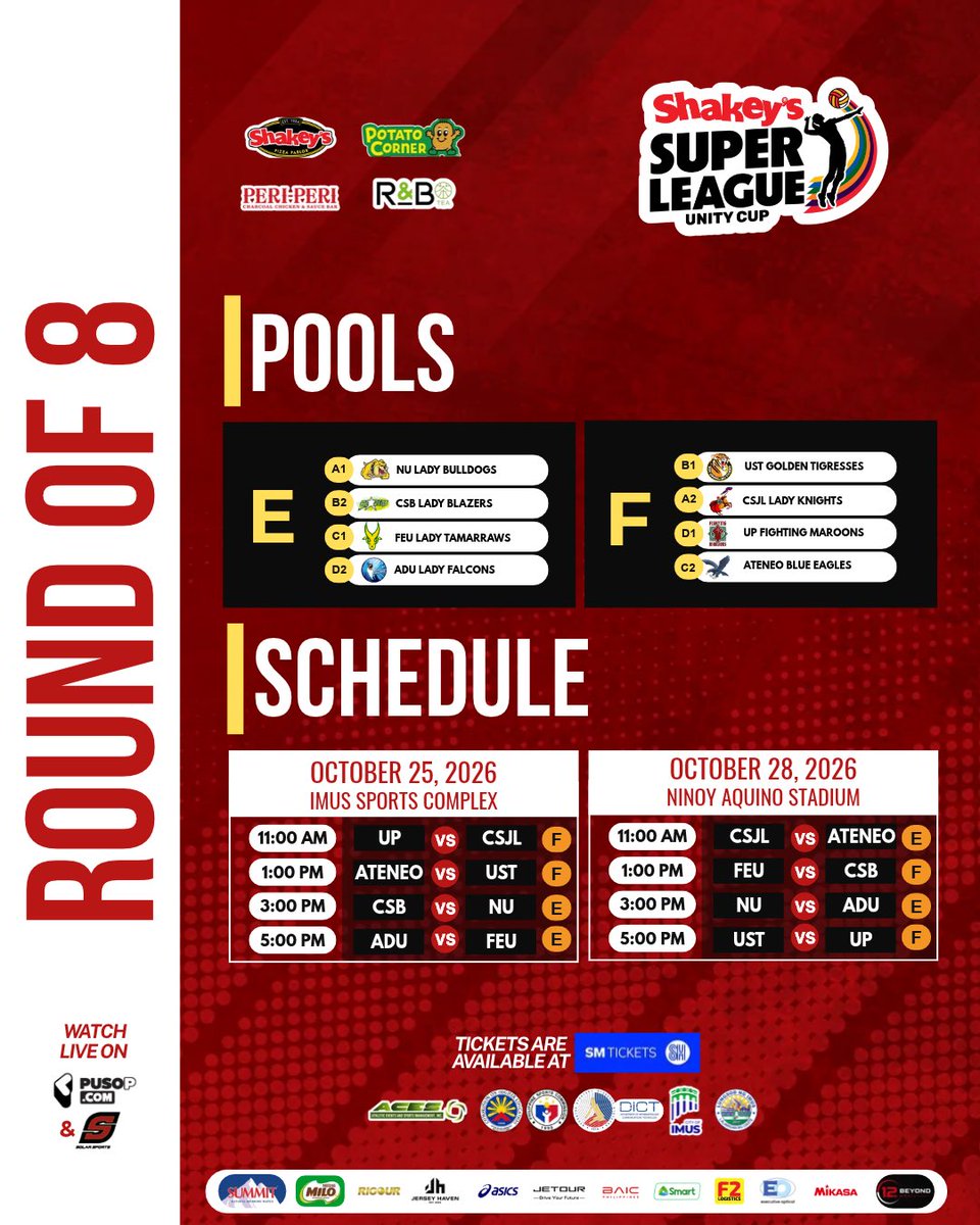 ShakeysLeague's tweet photo. Please take note of the revised schedule for the October 25 and 28 games of the Shakey’s Super League Unity Cup Round of 8.
Tickets for the October 25 games at the Imus Sports Complex will be available for purchase at the venue gates on game day
#ShakeysSuperLeague #SSLUnityCup https://t.co/6ng9TwhtZ2